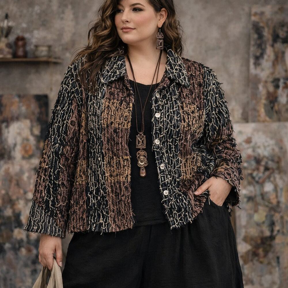 Silver Stream Textured Womens Shacket XL Artsy Lagenlook Boho Y2K Patchwork